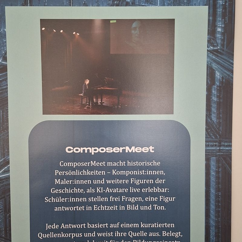 Poster von ComposerMeet beim Xplorer Day: historische Persönlichkeiten als KI-Avatare, die Fragen von Schüler*innen beantworten